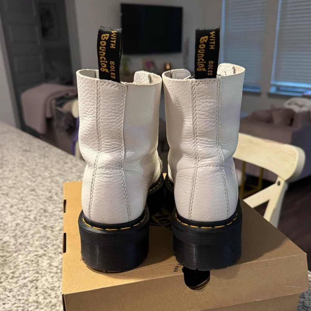 Dr. Martens White Leather Platform Zip Ankle Boots with Yellow Stitching